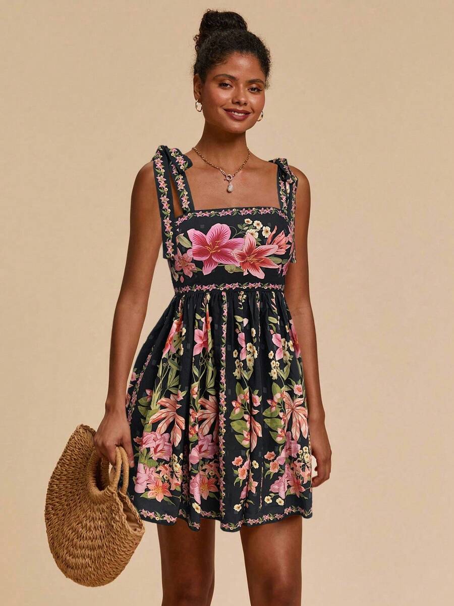 Travachic Vestido de Verão com Estampa Floral, Decote Quadrado, Sem Mangas, Cintura Marcada e Amarração na Frente, para Férias, Looks de Praia e Verão para Mulheres