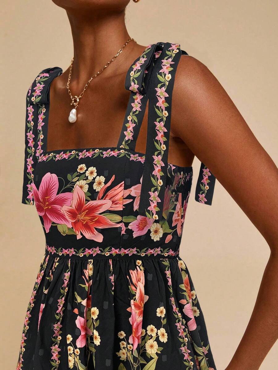 Travachic Vestido de Verão com Estampa Floral, Decote Quadrado, Sem Mangas, Cintura Marcada e Amarração na Frente, para Férias, Looks de Praia e Verão para Mulheres