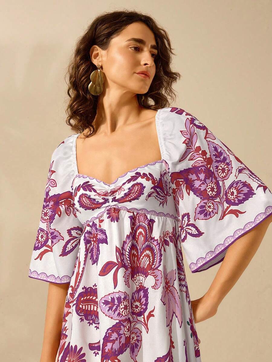 CAJUNI Vestido Curto Casual de Férias Vintage com Estampa Floral Tropical Boêmia para Mulheres
