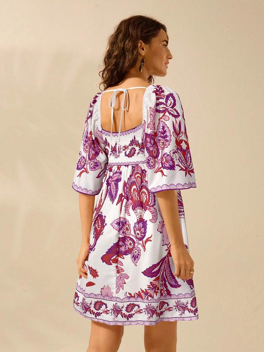 CAJUNI Vestido Curto Casual de Férias Vintage com Estampa Floral Tropical Boêmia para Mulheres