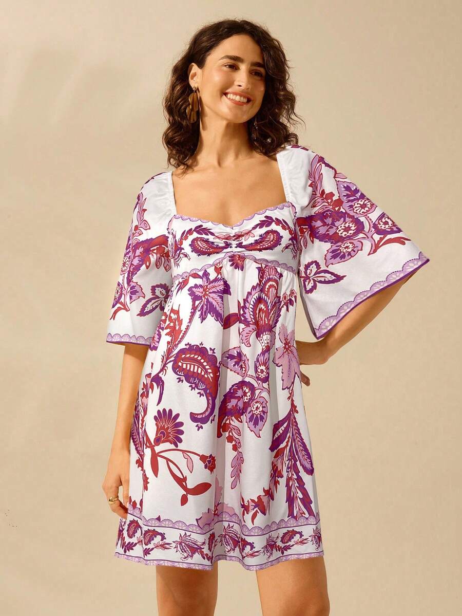 CAJUNI Vestido Curto Casual de Férias Vintage com Estampa Floral Tropical Boêmia para Mulheres