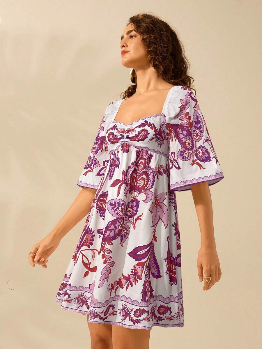 CAJUNI Vestido Curto Casual de Férias Vintage com Estampa Floral Tropical Boêmia para Mulheres