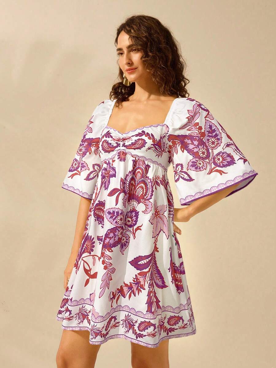 CAJUNI Vestido Curto Casual de Férias Vintage com Estampa Floral Tropical Boêmia para Mulheres