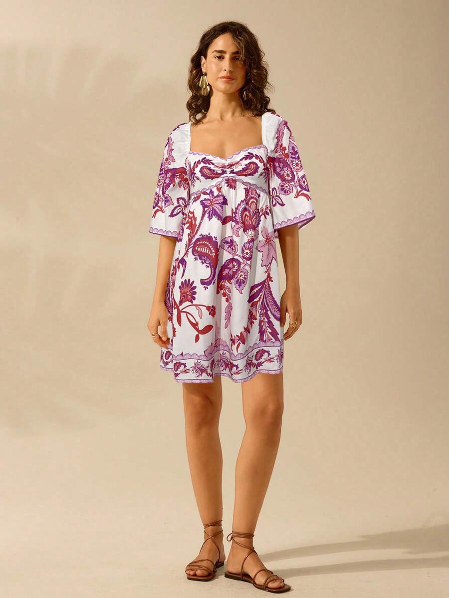 CAJUNI Vestido Curto Casual de Férias Vintage com Estampa Floral Tropical Boêmia para Mulheres