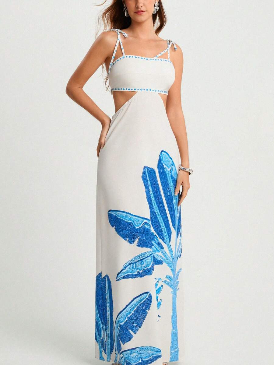 CAJUNI Vestido Boho Feminino Estampa de Árvore de Banana, Vestido Preto Casual de Verão com Amarração Oca na Cintura Sem Mangas, Vestido Casual de Férias