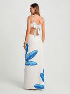 CAJUNI Vestido Boho Feminino Estampa de Árvore de Banana, Vestido Preto Casual de Verão com Amarração Oca na Cintura Sem Mangas, Vestido Casual de Férias