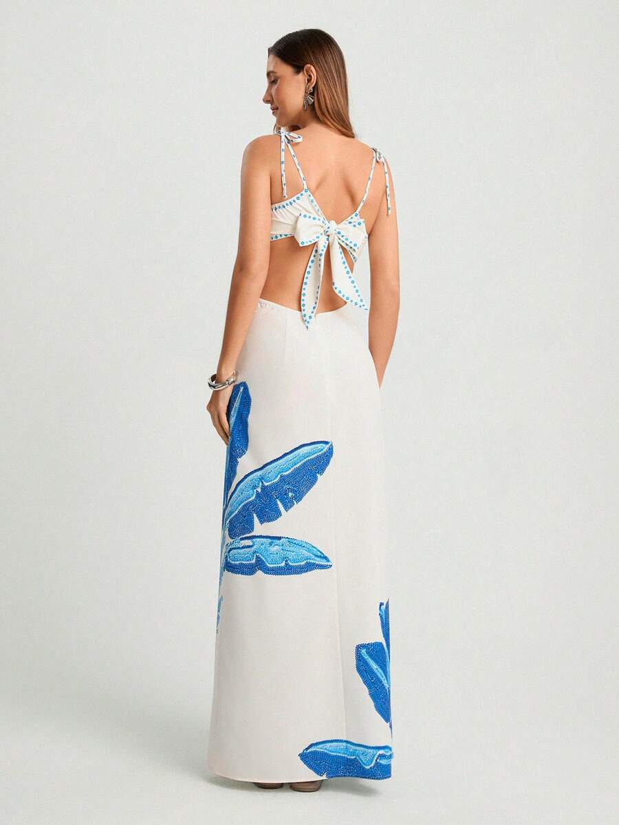 CAJUNI Vestido Boho Feminino Estampa de Árvore de Banana, Vestido Preto Casual de Verão com Amarração Oca na Cintura Sem Mangas, Vestido Casual de Férias