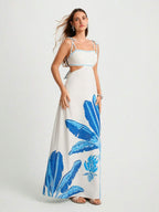 CAJUNI Vestido Boho Feminino Estampa de Árvore de Banana, Vestido Preto Casual de Verão com Amarração Oca na Cintura Sem Mangas, Vestido Casual de Férias