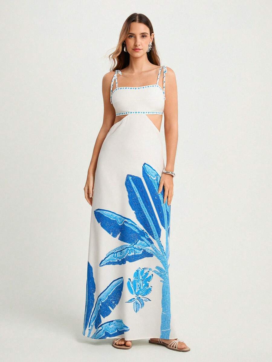 CAJUNI Vestido Boho Feminino Estampa de Árvore de Banana, Vestido Preto Casual de Verão com Amarração Oca na Cintura Sem Mangas, Vestido Casual de Férias