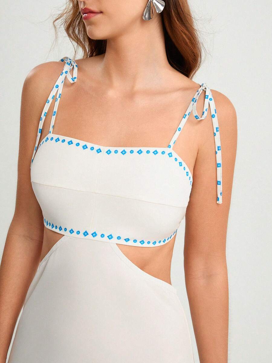 CAJUNI Vestido Boho Feminino Estampa de Árvore de Banana, Vestido Preto Casual de Verão com Amarração Oca na Cintura Sem Mangas, Vestido Casual de Férias