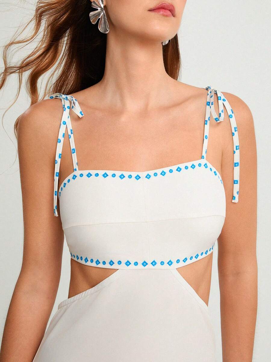 CAJUNI Vestido Boho Feminino Estampa de Árvore de Banana, Vestido Preto Casual de Verão com Amarração Oca na Cintura Sem Mangas, Vestido Casual de Férias