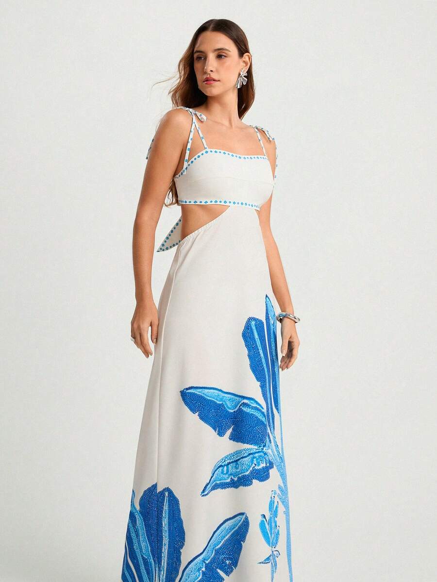 CAJUNI Vestido Boho Feminino Estampa de Árvore de Banana, Vestido Preto Casual de Verão com Amarração Oca na Cintura Sem Mangas, Vestido Casual de Férias