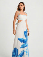 CAJUNI Vestido Boho Feminino Estampa de Árvore de Banana, Vestido Preto Casual de Verão com Amarração Oca na Cintura Sem Mangas, Vestido Casual de Férias