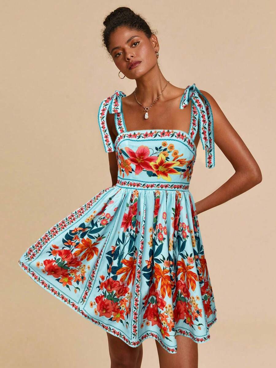 Travachic Vestido de Verão com Estampa Floral, Decote Quadrado, Sem Mangas, Cintura Marcada e Amarração na Frente, para Férias, Looks de Praia e Verão para Mulheres
