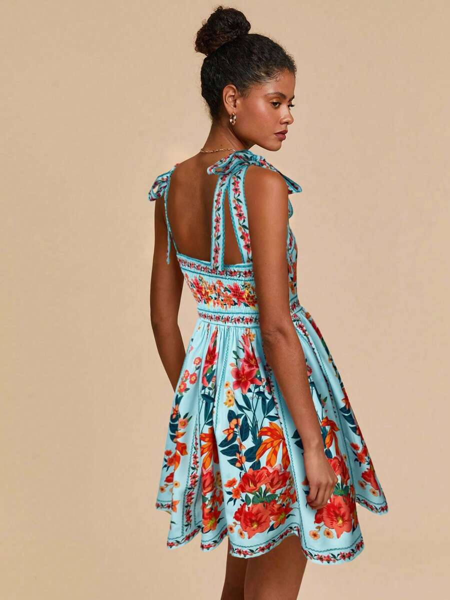 Travachic Vestido de Verão com Estampa Floral, Decote Quadrado, Sem Mangas, Cintura Marcada e Amarração na Frente, para Férias, Looks de Praia e Verão para Mulheres