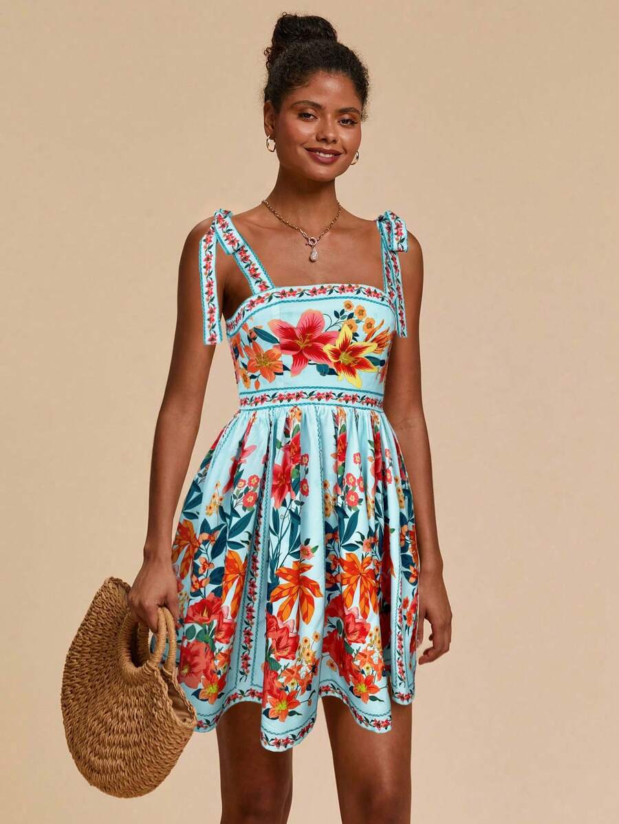 Travachic Vestido de Verão com Estampa Floral, Decote Quadrado, Sem Mangas, Cintura Marcada e Amarração na Frente, para Férias, Looks de Praia e Verão para Mulheres