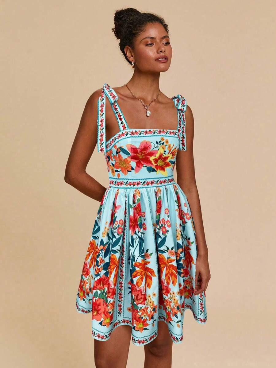 Travachic Vestido de Verão com Estampa Floral, Decote Quadrado, Sem Mangas, Cintura Marcada e Amarração na Frente, para Férias, Looks de Praia e Verão para Mulheres