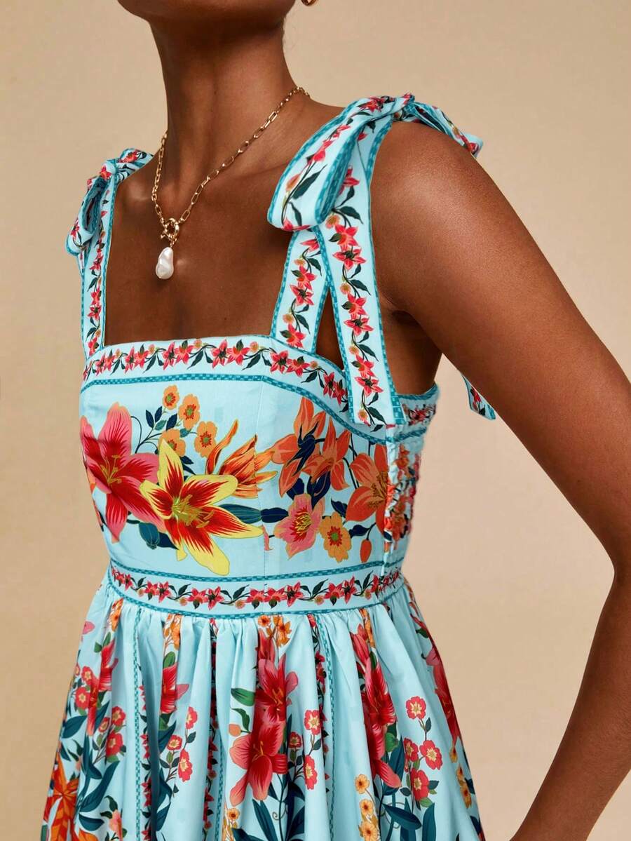 Travachic Vestido de Verão com Estampa Floral, Decote Quadrado, Sem Mangas, Cintura Marcada e Amarração na Frente, para Férias, Looks de Praia e Verão para Mulheres