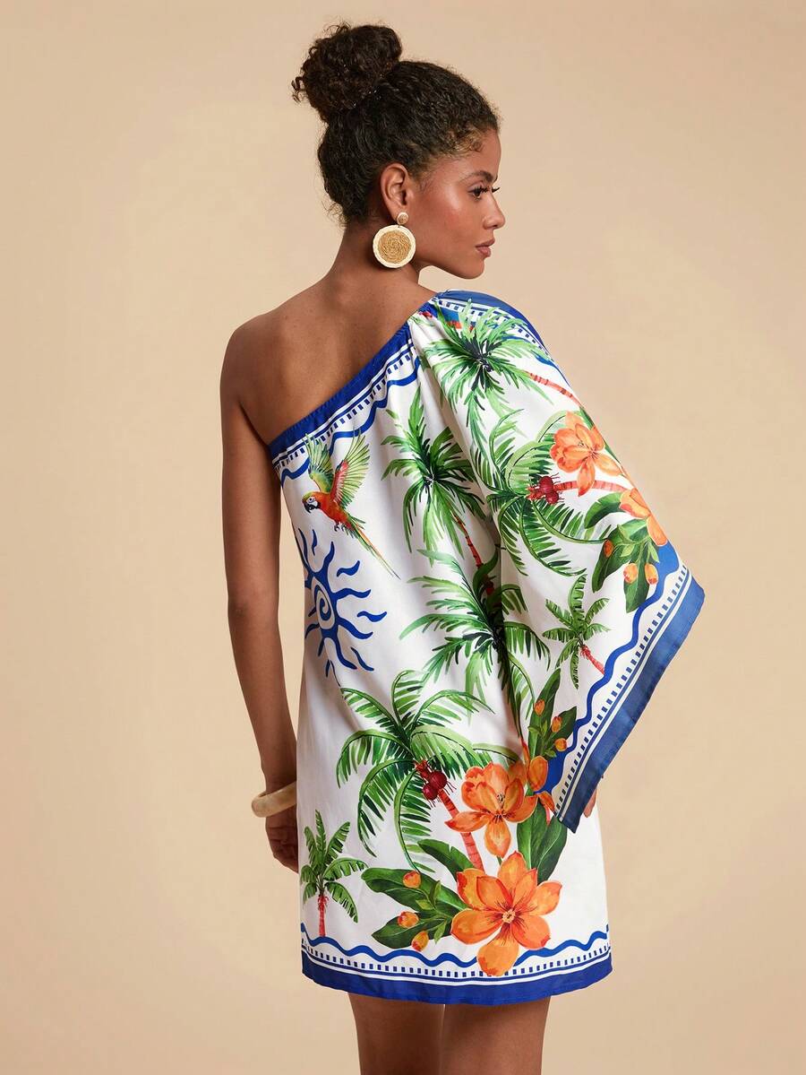 Travachic Vestido Curto Assimétrico de Mulher com Estampa Tropical