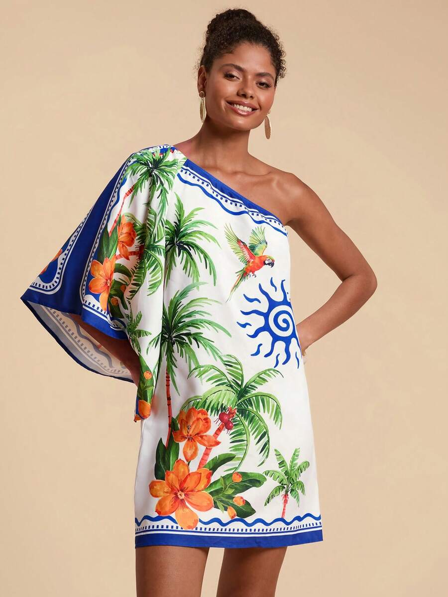 Travachic Vestido Curto Assimétrico de Mulher com Estampa Tropical
