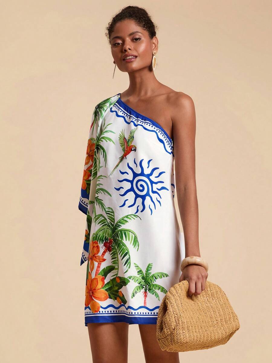 Travachic Vestido Curto Assimétrico de Mulher com Estampa Tropical