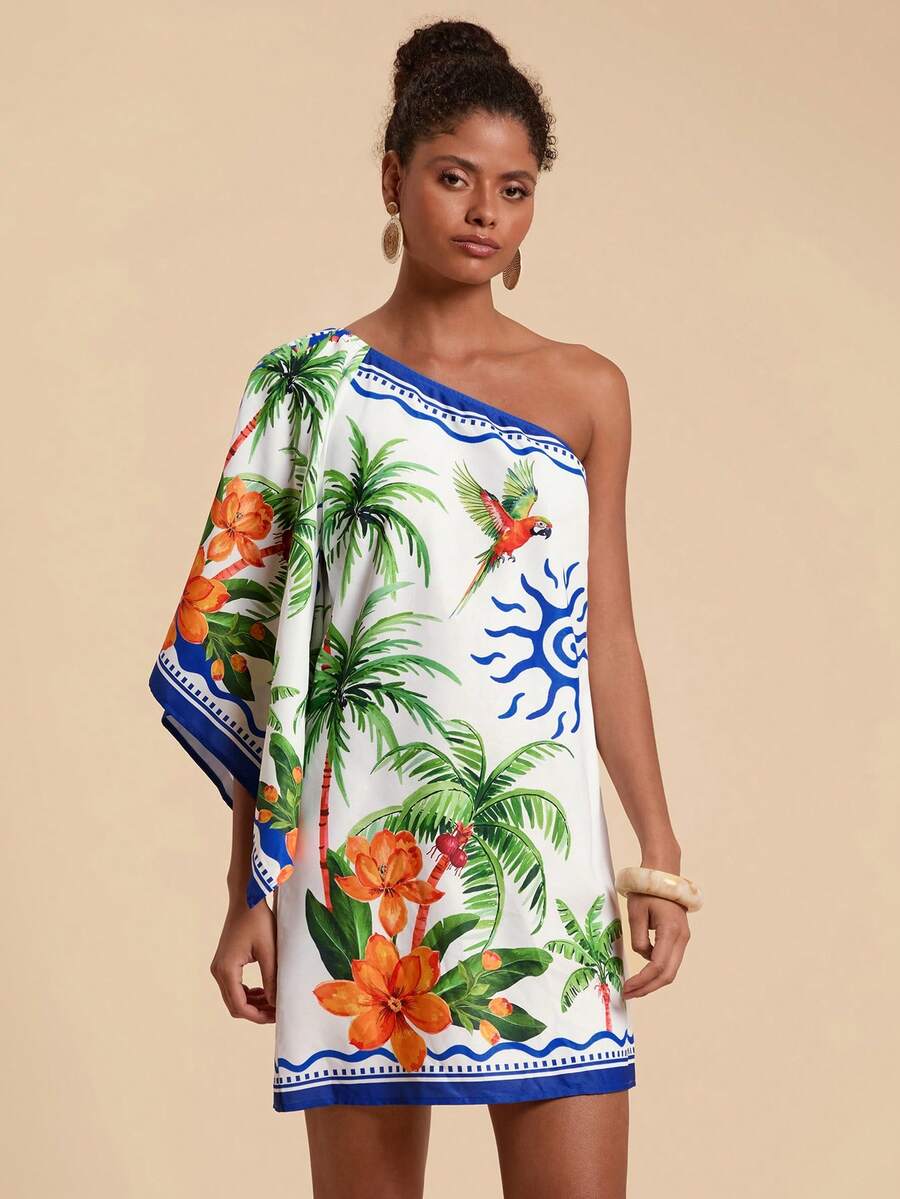 Travachic Vestido Curto Assimétrico de Mulher com Estampa Tropical