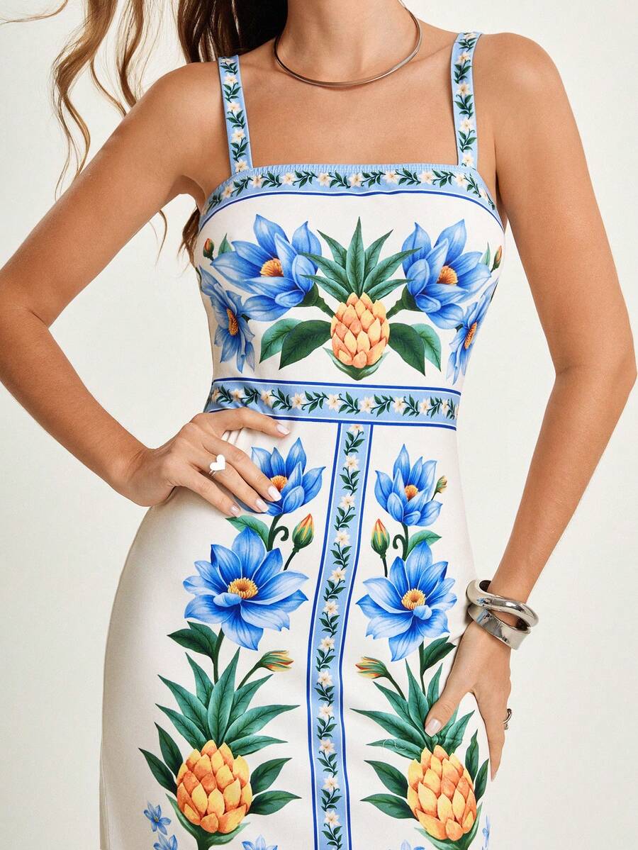 CAJUNI x Carol Peixinho Vestido Midi Romântico Casual de Férias com Estampa Tropical de Abacaxi e Floral, Adequado para Encontros