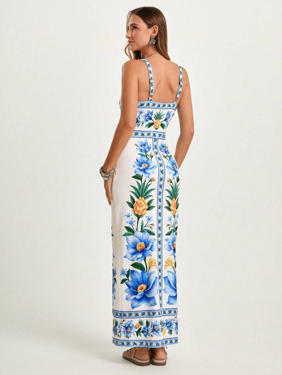 CAJUNI x Carol Peixinho Vestido Midi Romântico Casual de Férias com Estampa Tropical de Abacaxi e Floral, Adequado para Encontros