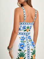 CAJUNI x Carol Peixinho Vestido Midi Romântico Casual de Férias com Estampa Tropical de Abacaxi e Floral, Adequado para Encontros