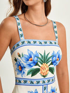 CAJUNI x Carol Peixinho Vestido Midi Romântico Casual de Férias com Estampa Tropical de Abacaxi e Floral, Adequado para Encontros