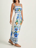 CAJUNI x Carol Peixinho Vestido Midi Romântico Casual de Férias com Estampa Tropical de Abacaxi e Floral, Adequado para Encontros