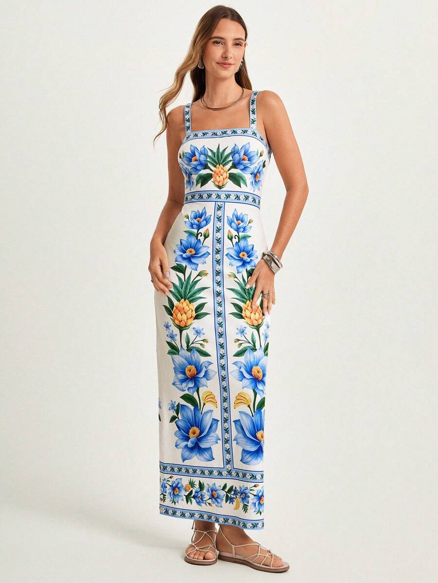 CAJUNI x Carol Peixinho Vestido Midi Romântico Casual de Férias com Estampa Tropical de Abacaxi e Floral, Adequado para Encontros