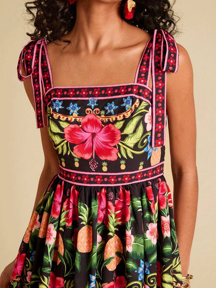 Travachic Vestido de Verão com Estampa Floral, Decote Quadrado, Sem Mangas, Cintura Marcada e Amarração na Frente, para Férias, Looks de Praia e Verão para Mulheres