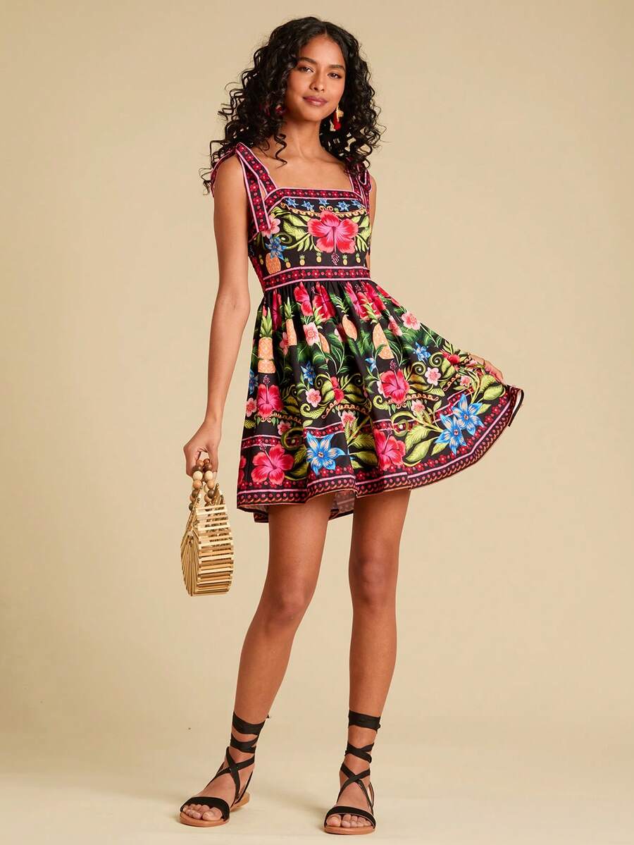 Travachic Vestido de Verão com Estampa Floral, Decote Quadrado, Sem Mangas, Cintura Marcada e Amarração na Frente, para Férias, Looks de Praia e Verão para Mulheres