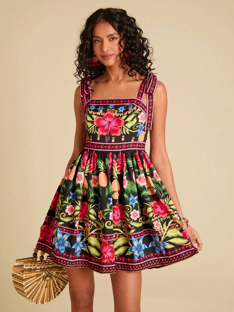 Travachic Vestido de Verão com Estampa Floral, Decote Quadrado, Sem Mangas, Cintura Marcada e Amarração na Frente, para Férias, Looks de Praia e Verão para Mulheres