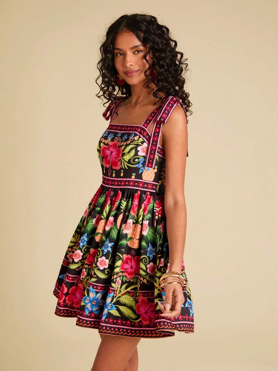 Travachic Vestido de Verão com Estampa Floral, Decote Quadrado, Sem Mangas, Cintura Marcada e Amarração na Frente, para Férias, Looks de Praia e Verão para Mulheres