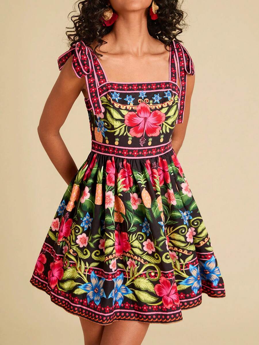 Travachic Vestido de Verão com Estampa Floral, Decote Quadrado, Sem Mangas, Cintura Marcada e Amarração na Frente, para Férias, Looks de Praia e Verão para Mulheres