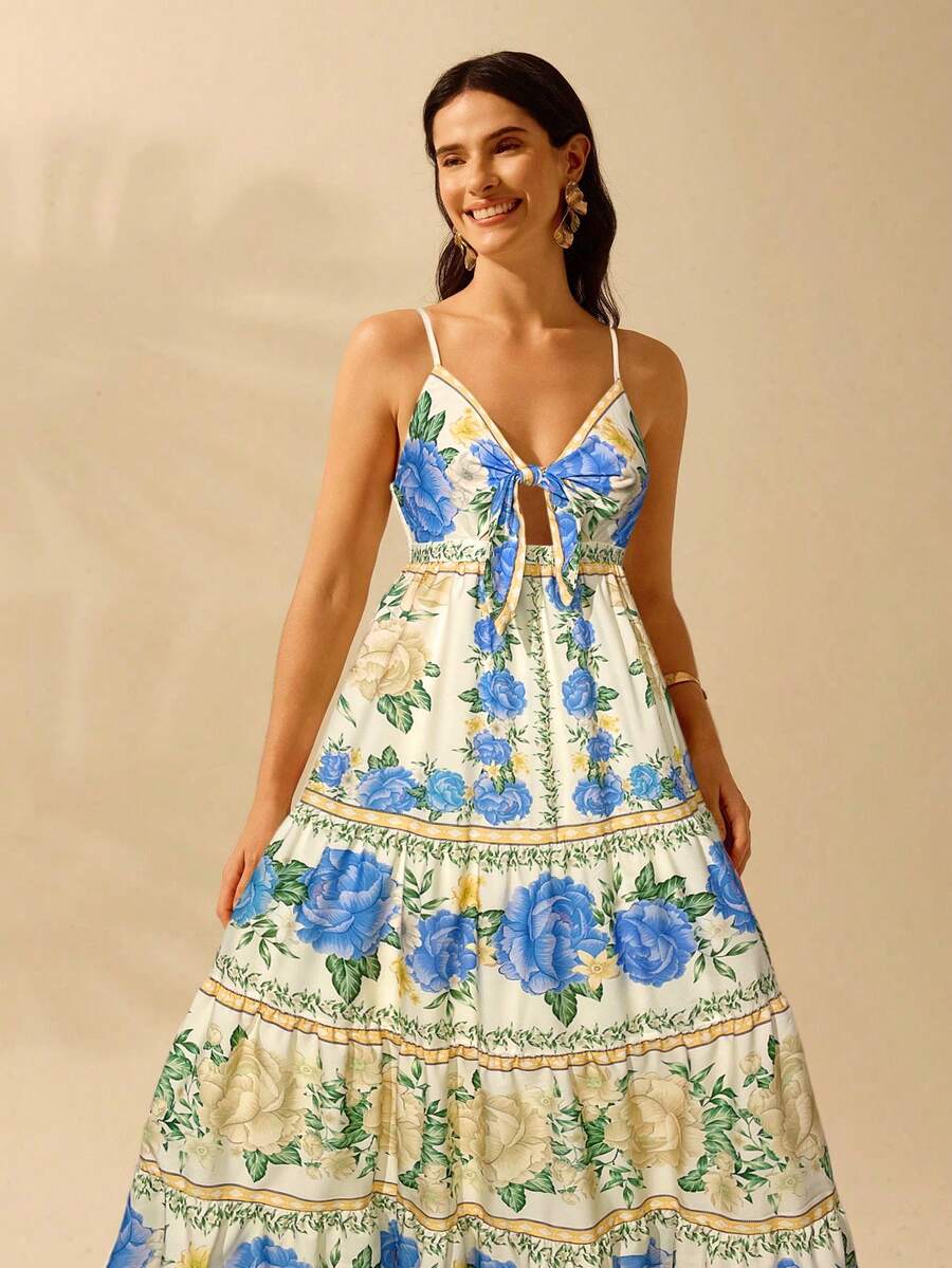 CAJUNI Vestido de Praia Boêmio Elegante e Fofo com Estampa Floral, Amarrado, Oco e Camadas, Feminino, de Férias, Lazer, Verão e Tropical