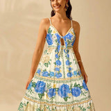 CAJUNI Vestido de Praia Boêmio Elegante e Fofo com Estampa Floral, Amarrado, Oco e Camadas, Feminino, de Férias, Lazer, Verão e Tropical