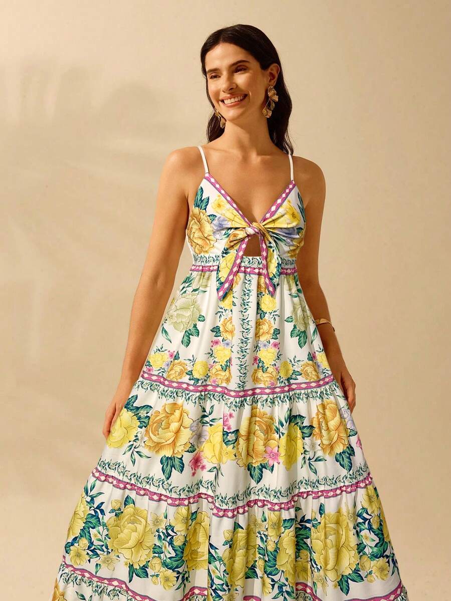CAJUNI Vestido de Praia Boêmio Elegante e Fofo com Estampa Floral, Amarrado, Oco e Camadas, Feminino, de Férias, Lazer, Verão e Tropical