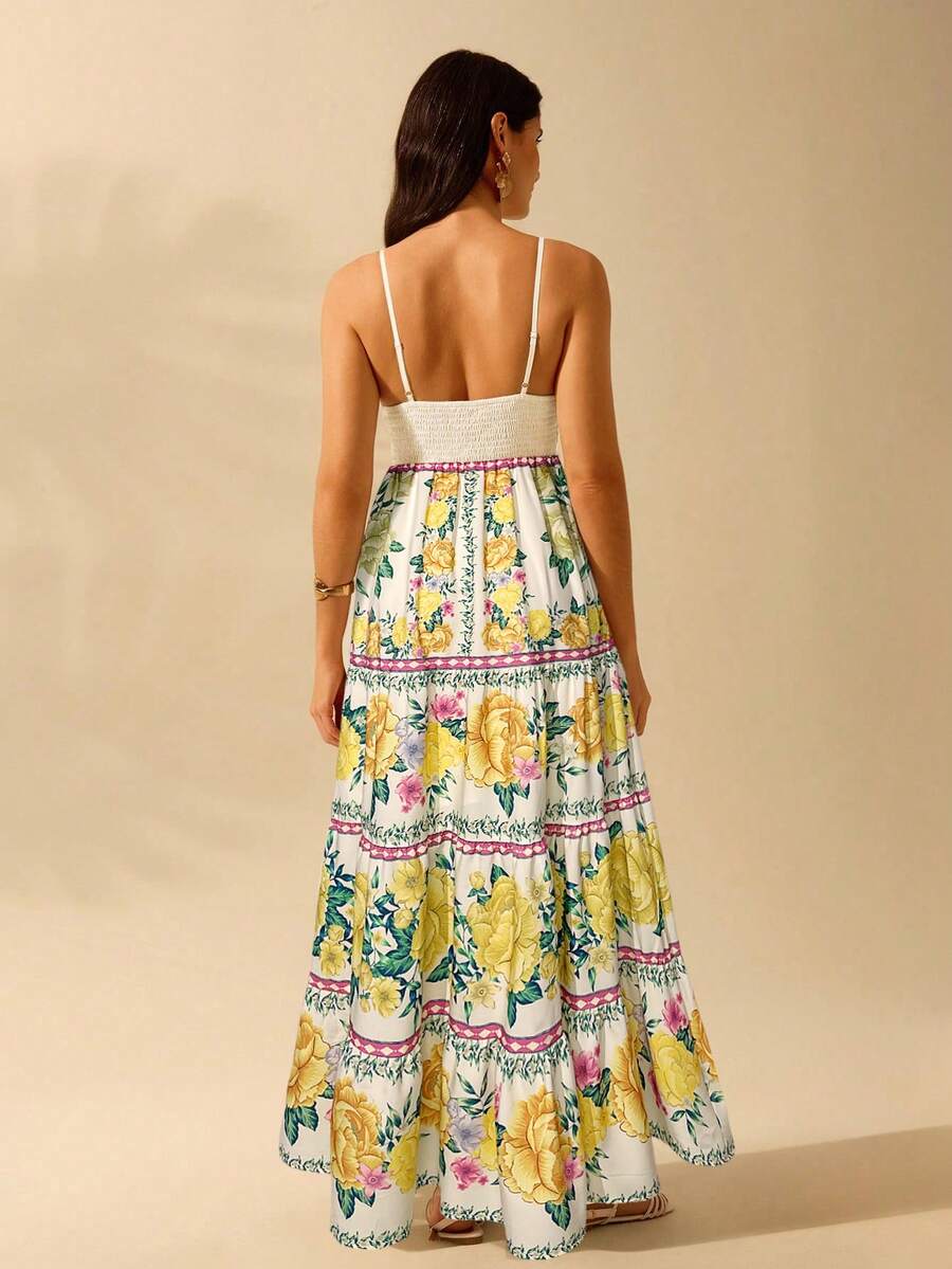 CAJUNI Vestido de Praia Boêmio Elegante e Fofo com Estampa Floral, Amarrado, Oco e Camadas, Feminino, de Férias, Lazer, Verão e Tropical