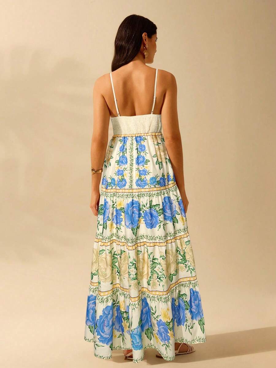 CAJUNI Vestido de Praia Boêmio Elegante e Fofo com Estampa Floral, Amarrado, Oco e Camadas, Feminino, de Férias, Lazer, Verão e Tropical