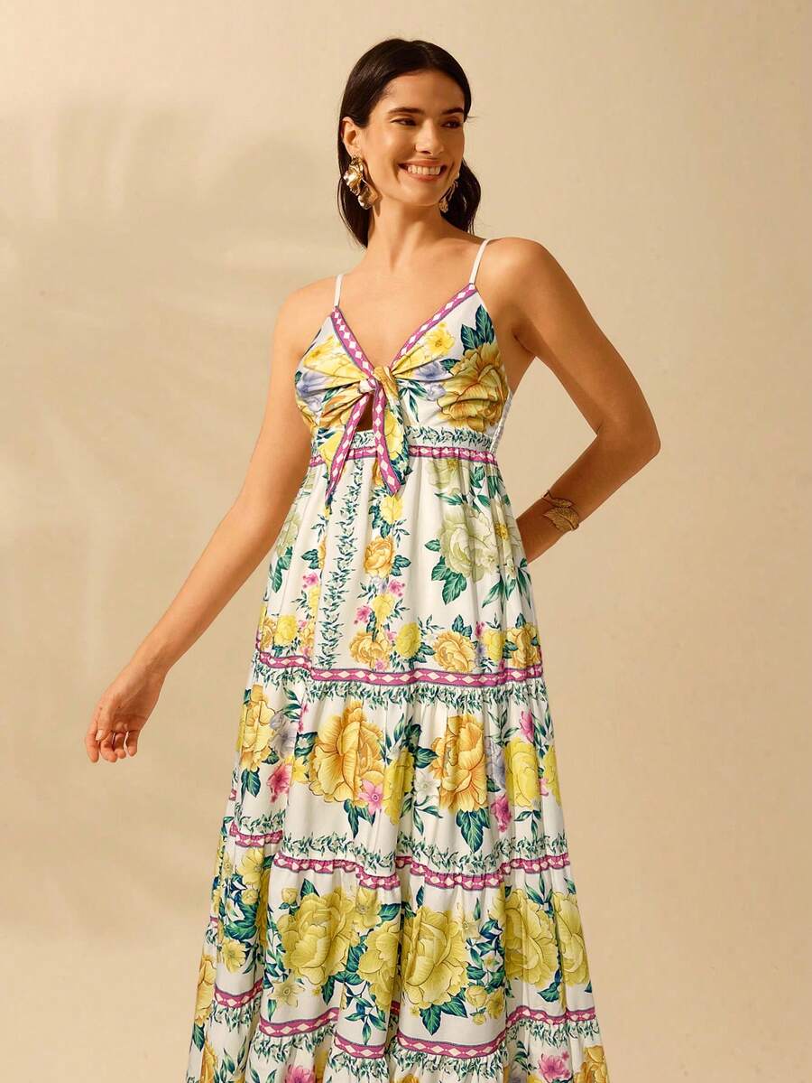 CAJUNI Vestido de Praia Boêmio Elegante e Fofo com Estampa Floral, Amarrado, Oco e Camadas, Feminino, de Férias, Lazer, Verão e Tropical