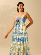 CAJUNI Vestido de Praia Boêmio Elegante e Fofo com Estampa Floral, Amarrado, Oco e Camadas, Feminino, de Férias, Lazer, Verão e Tropical