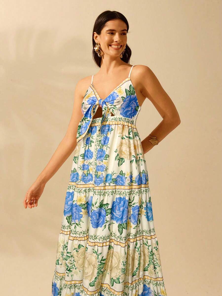 CAJUNI Vestido de Praia Boêmio Elegante e Fofo com Estampa Floral, Amarrado, Oco e Camadas, Feminino, de Férias, Lazer, Verão e Tropical