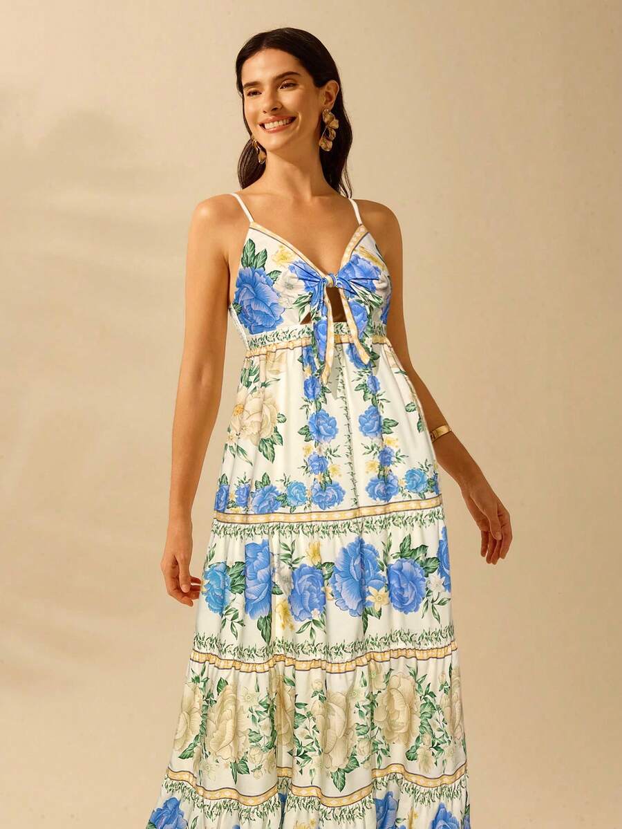 CAJUNI Vestido de Praia Boêmio Elegante e Fofo com Estampa Floral, Amarrado, Oco e Camadas, Feminino, de Férias, Lazer, Verão e Tropical