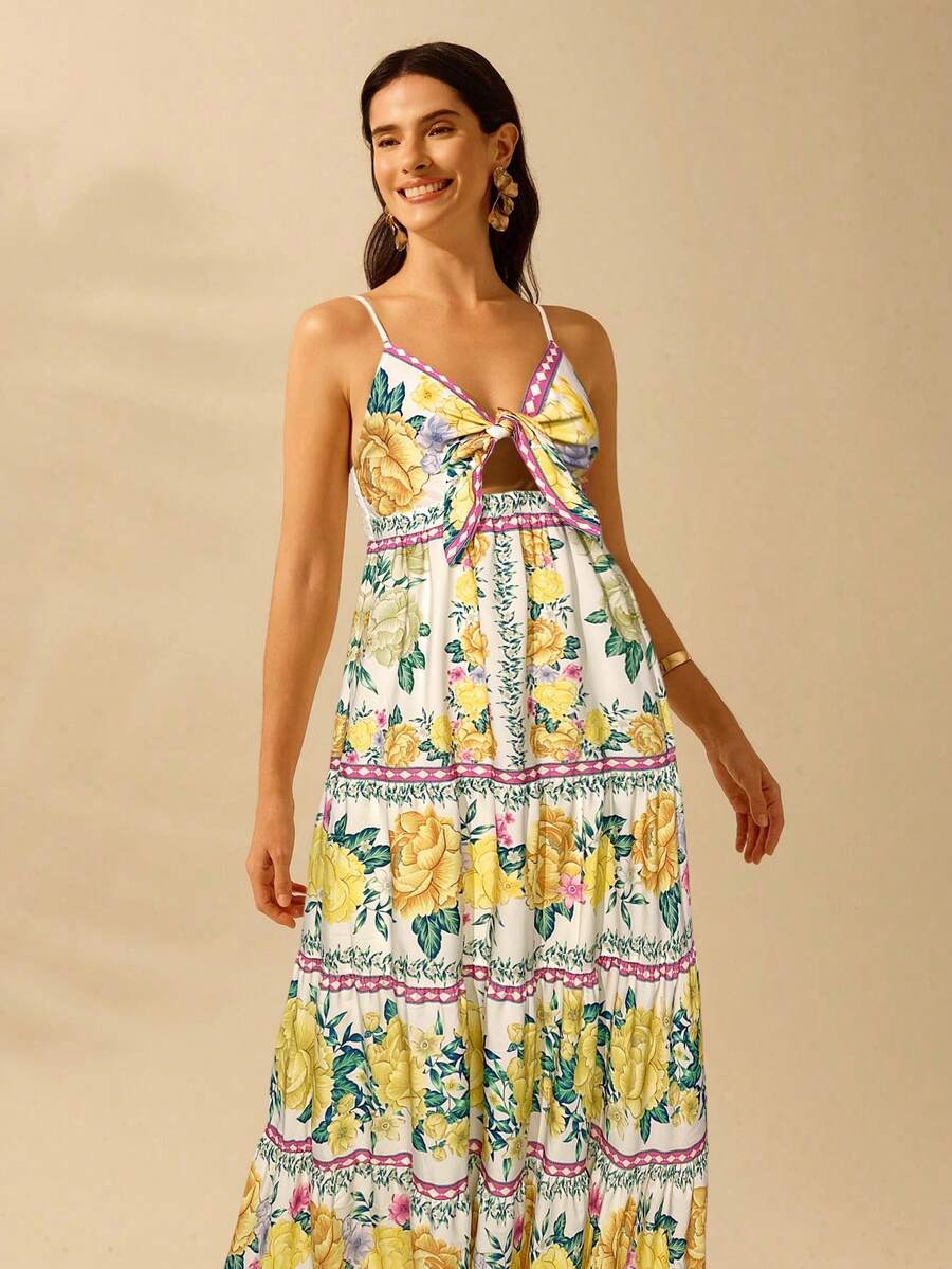 CAJUNI Vestido de Praia Boêmio Elegante e Fofo com Estampa Floral, Amarrado, Oco e Camadas, Feminino, de Férias, Lazer, Verão e Tropical