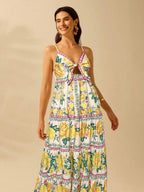 CAJUNI Vestido de Praia Boêmio Elegante e Fofo com Estampa Floral, Amarrado, Oco e Camadas, Feminino, de Férias, Lazer, Verão e Tropical