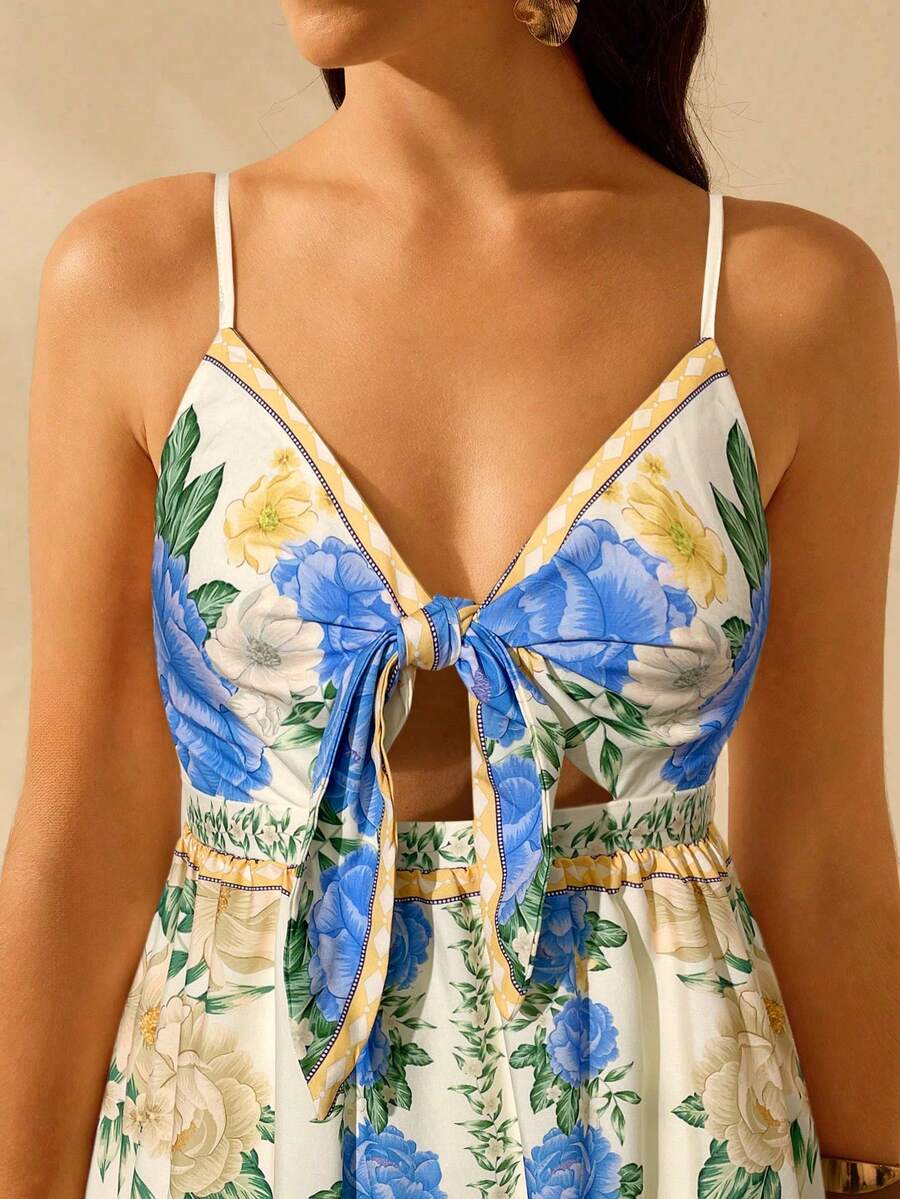 CAJUNI Vestido de Praia Boêmio Elegante e Fofo com Estampa Floral, Amarrado, Oco e Camadas, Feminino, de Férias, Lazer, Verão e Tropical