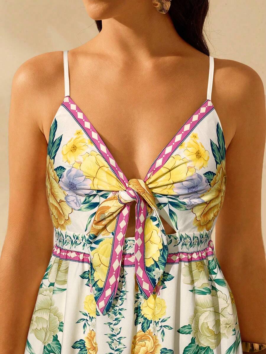 CAJUNI Vestido de Praia Boêmio Elegante e Fofo com Estampa Floral, Amarrado, Oco e Camadas, Feminino, de Férias, Lazer, Verão e Tropical